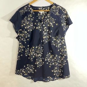 Navy Blue Floral Short Sleeve Blouse Top 2X